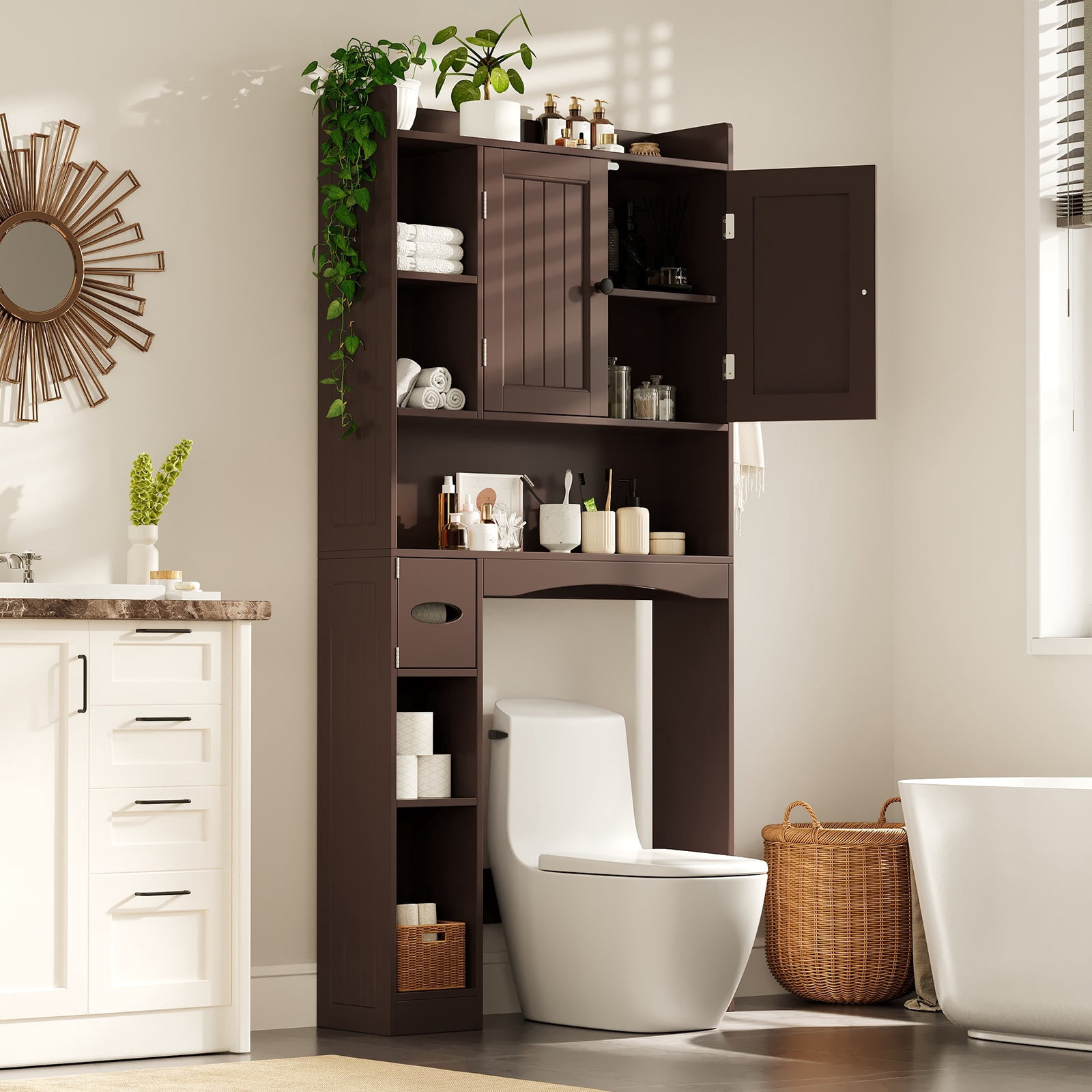 Over the Toilet Storage Cabinet, Aiho 66" H Bathroom Space-Saving Organizer Above Toilet with 2 Doors & Adjustable Shlef, Perfect for Bathroom, Laundry, Dark Brown