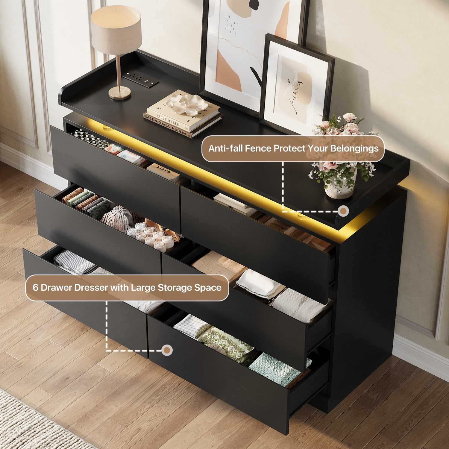 BaPiPro 47-Inch Black 6 Drawer Dresser, Modern High Gloss Chest with LED Light & Glass Tabletop, Large Capacity Storage Cabinet for Bedroom or Living Room