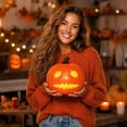 thumbnail image 7 of Round Eyed Jack O Lantern Pumpkin, Jagged Grin Pumpkin LED Light, Halloween Pumpkin Figurine for Mantel Table Covered Porch Indoor Fall Seasonal Home Decor, 7 of 7