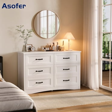 Asofer 6-Drawer White Dresser Cabinet with Metal Handle, Modern Wood Double Chest for Bedroom, Living Room