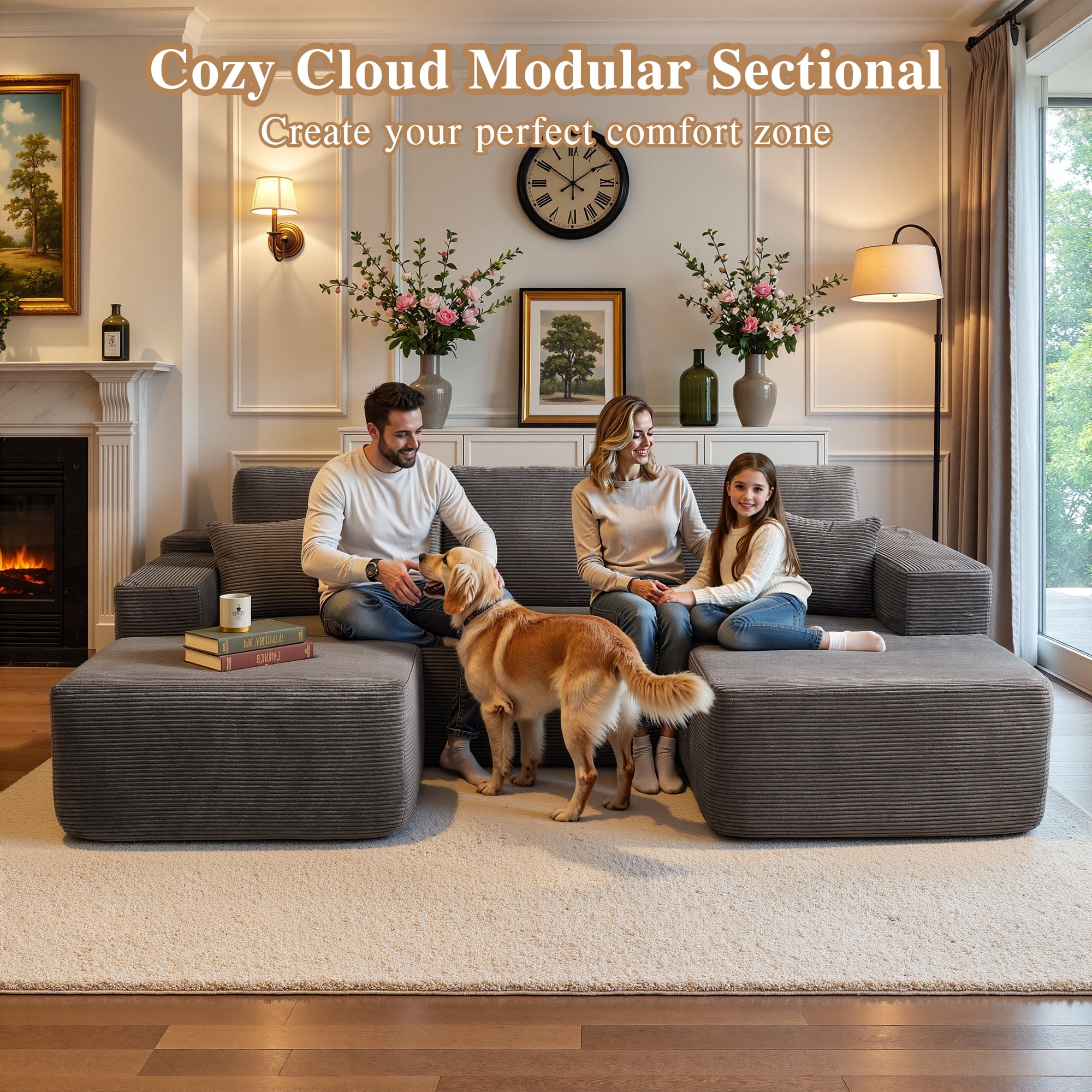 Ovios 106" Cloud Sofa Couch No Assembly Boneless Deep Seat Sofa with Ottoman for Living Room, Gray (Corduroy)