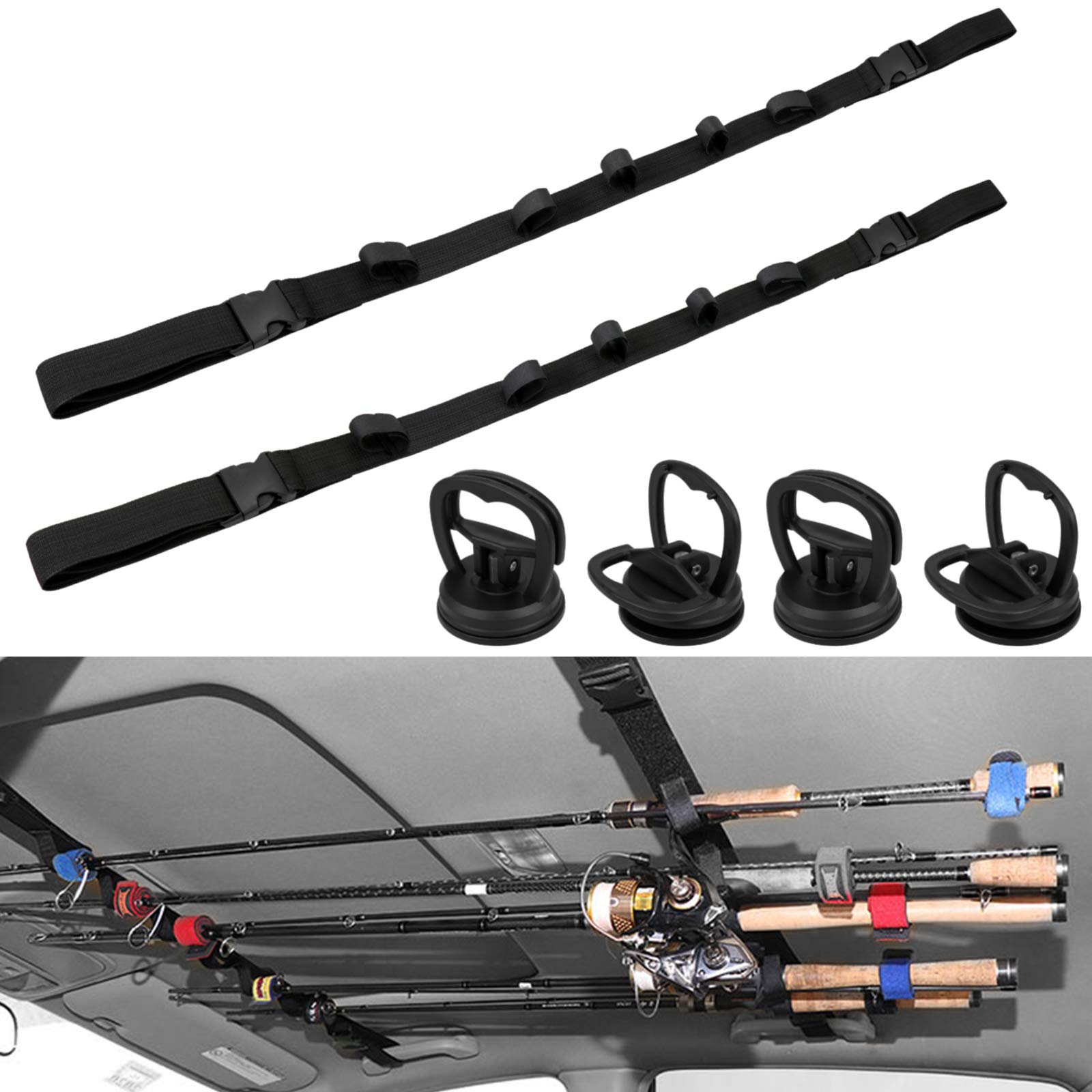 6 Pcs Vehicle Fishing Rod Rack Kit with Adjustable Straps and Suction Cups