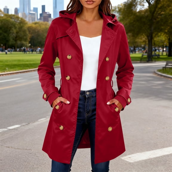 XUNKUSGA Women's Trench Coat Mid-Length Belted Overcoat Fashion Double-Breasted Classic Lapel Jackets for Women with Hood Solid Color Slim Fit Long Sleeve Fall Coats S-2XL Red