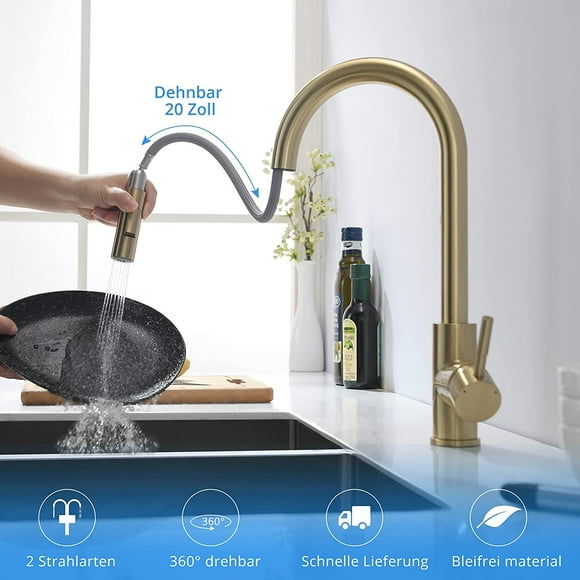 Robinet de cuisine en or brossé avec douchette extractible Mitigeur de cuisine pivotant à 360 ° pour mitigeur d'évier de cuisine