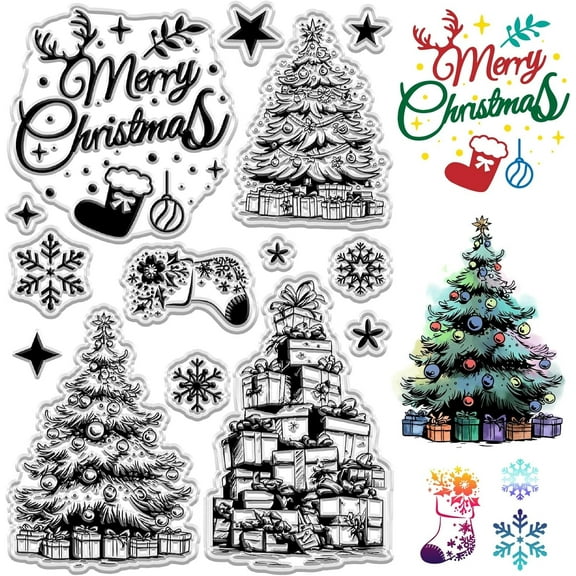 Merry Christmas Tree Clear Rubber Stamps Xmas Snowflake Star Gift Reusable Vintage Transparent Silicone Seal Stamps for Winter Holiday DIY Craft Scrapbooking Journaling Card Making Supplies DIY