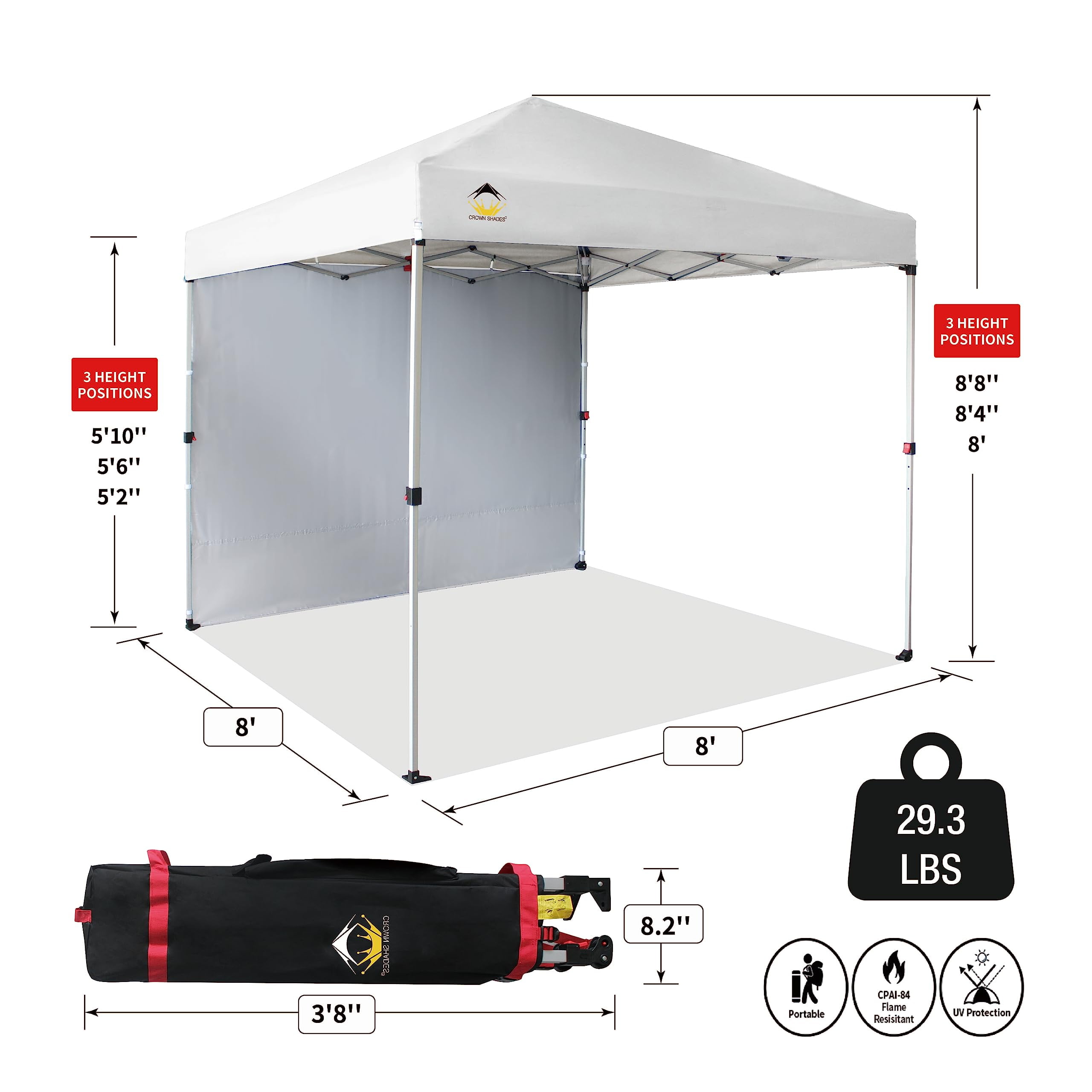 CROWN SHADES Canopy Tent, 8 x 8 Foot Portable Pop Up Outdoor Shelter with 1 Sidewall, Easy 1 Push Center Lock, UV Protection, and Carry Bag, White