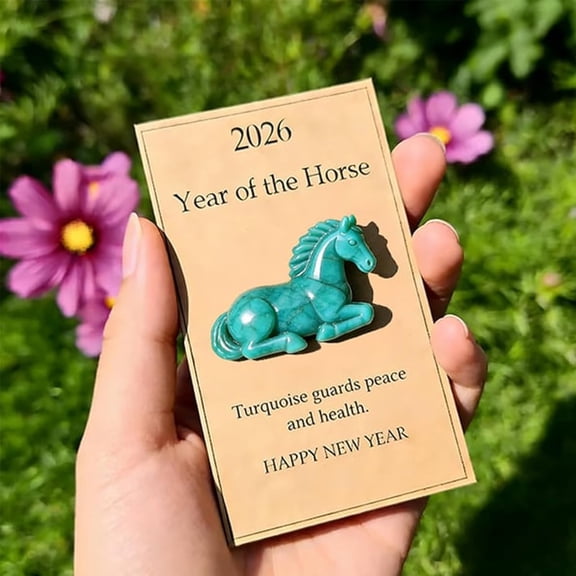 2026 Year of the Horse Lucky Turquoise Horse Figurine – Crystal Guardian of Health, Hand-Carved New Year Decor Gift with Card