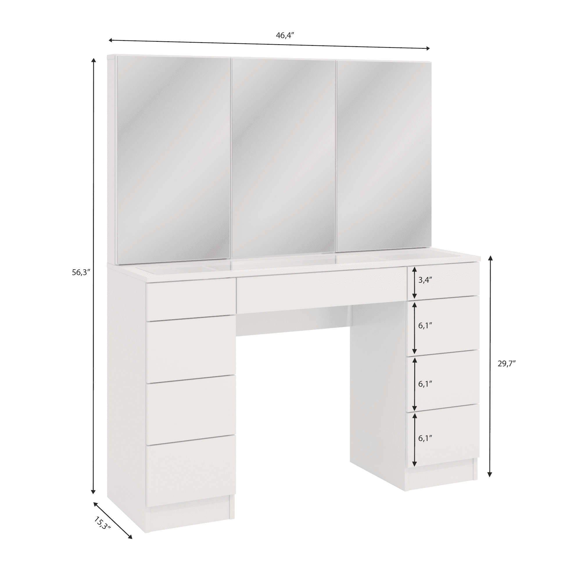 Ember Interiors Modern Vanity Table, 9 Drawers Cabinet Mirrors Golden Knobs  White for Bedroom