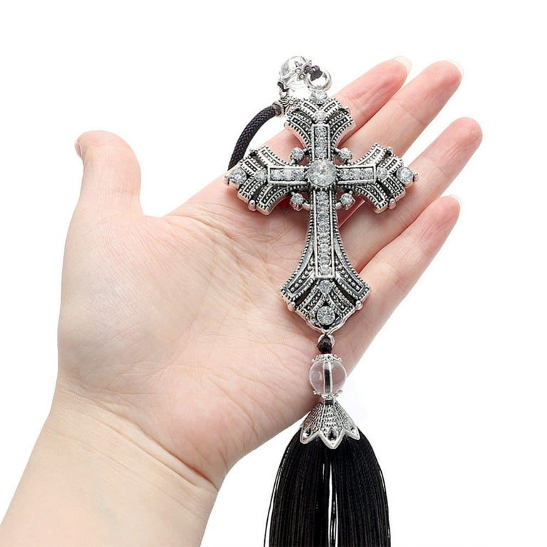 FALVFUN Bling Cross Car Rearview Mirror Charm - Crystal Rhinestone Pendant, Hip-Hop Religious Style Auto Decor (Black)