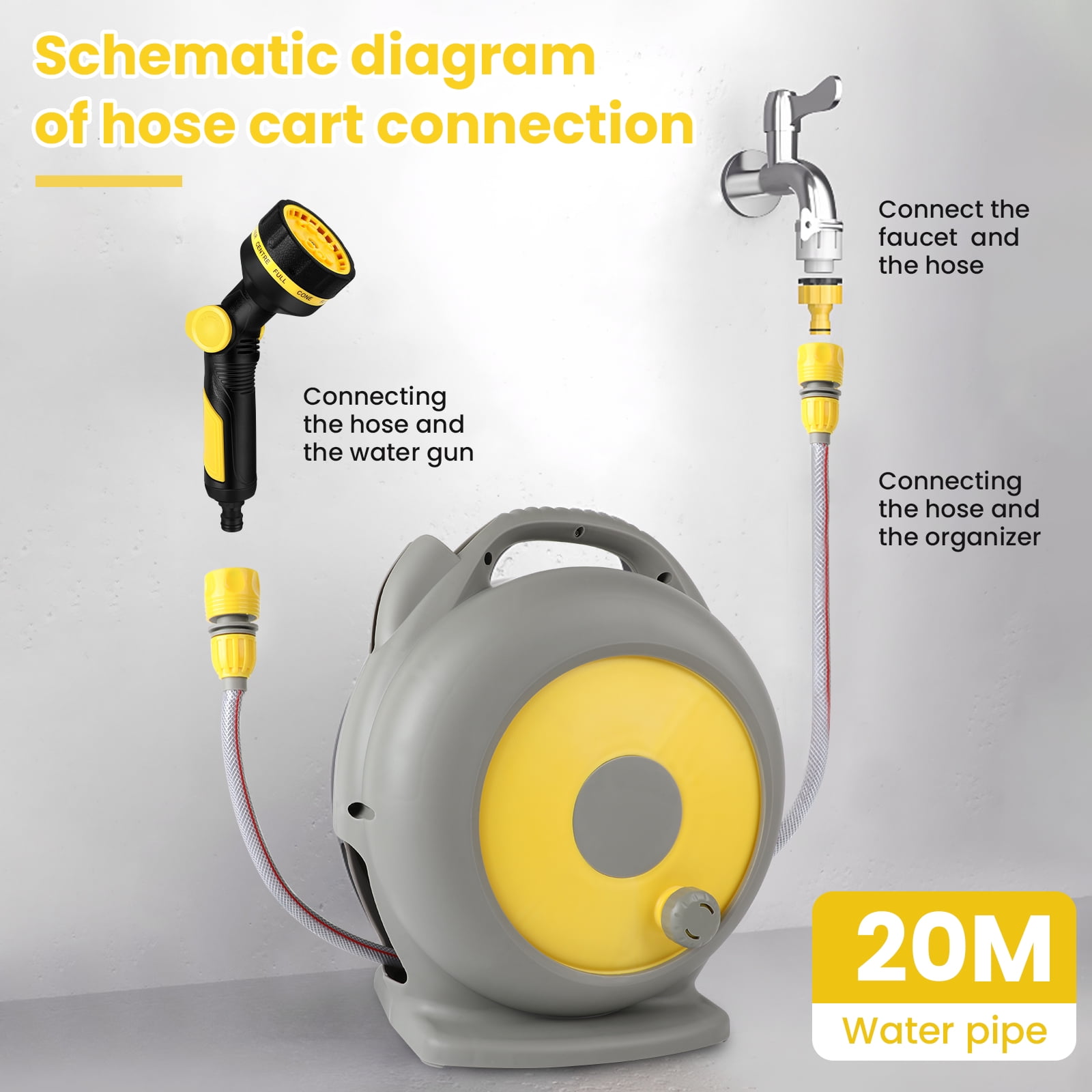 Retractable Garden Hose Reel 66 ft Upgraded Resistant Heavy Duty Hose Reel 3/4 in Brass Fitting 10 Pattern Nozzle Any Length Lock Slow Retraction