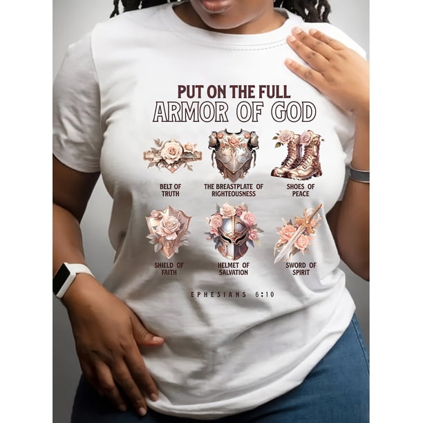 100% Cotton inspirational T-Shirt - Women's armor of God Crew Neck Short Sleeve Top - Regular Length Casual Spring & Summer Tee with ephesians 6:10 Scripture Print