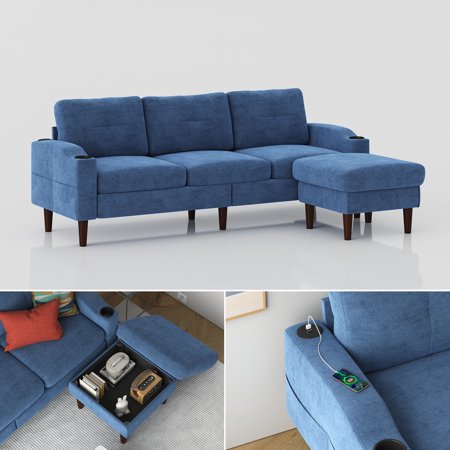 Modern Navy Blue Convertible L-Shaped Combination Sofa with Storage Cabinet Footstool - 3-Seater Sofa with USB Port and Cup Holders for Living Room, Bedroom, Office, Small Spaces