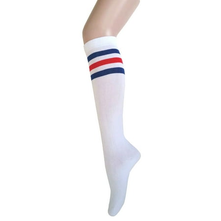 

Women and Girls Roller Skate Retro Triple Stripes Tube Knee High Socks In White with Blue and Red Color