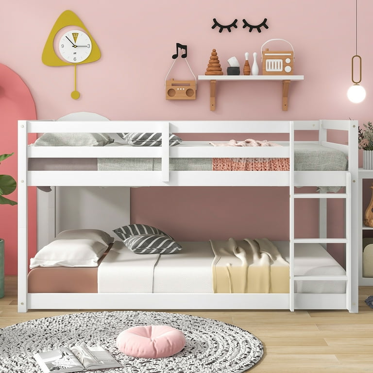 Free Shipping UHOMEPRO Twin Over Twin Floor Bunk Bed for Kids Solid Wood Low Bunk Bed with Safety Rail Ladder Heavy Duty Bunk Beds for Boys Girls Space Saving Bedroom Dorm Furniture White