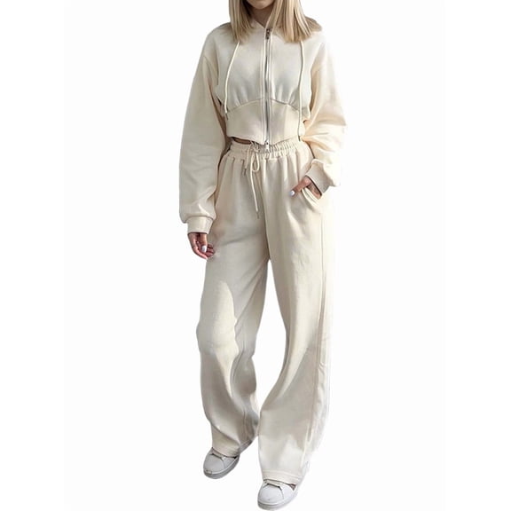 Women'S Tracksuit Set - Long Sleeve Zipper Hooded Sweatshirt with Solid Color Lace-Up Pants - Two-Piece Set Apricot M