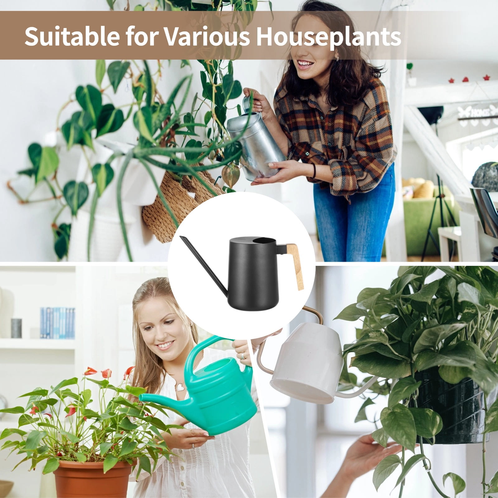 35 oz Small Watering Can for Indoor Plants – Long Spout Black Metal Plant Can with Wooden Handle, Rust-Resistant, Modern Minimalist Design for Houseplants, Desk Plants & Hanging Plants