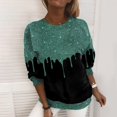 thumbnail image 2 of Sequin Sweatshirt for Women Sparkly Print Long Sleeve Glitter Crewneck Evening Party Loose Pullover Tops Dark Green L, 2 of 3