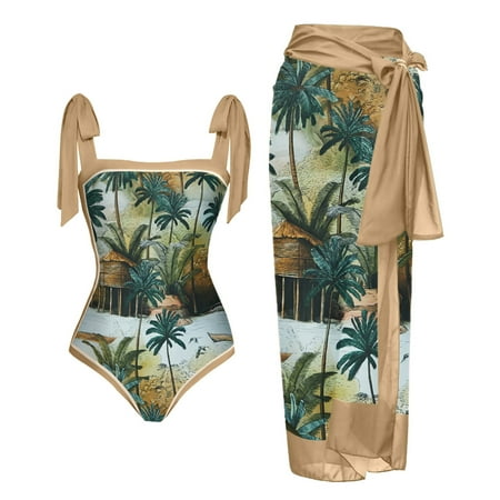 YanHoo Women s One Piece Swimsuit with Beach Cover up Wrap Skirt Hawaiian Boho Floral Print Bikini Set Two Piece Bathing Suit Swimsuit Coverup for Women Clearance Sale