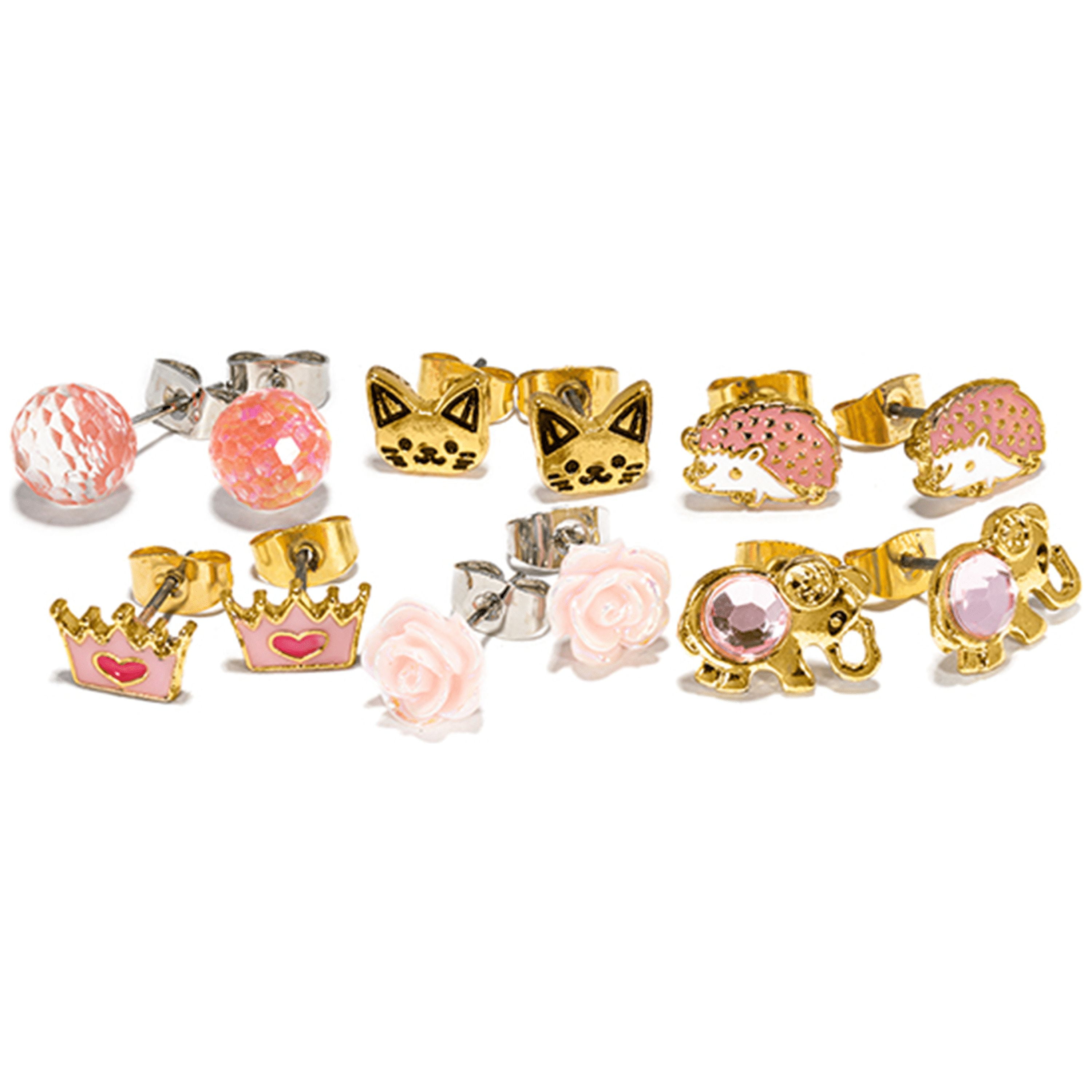 Claire's Girls Gold and Pink Spring Stud Earrings Set, Metal Alloy, 12 Pairs Teen