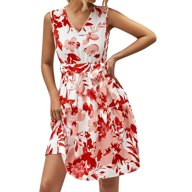 Gibobby Vestido corto casual para mujer Vestidos casuales de verano para mujer Vestido sin mangas con estampado de flores Vestido casual de playa(Rojo,XL)