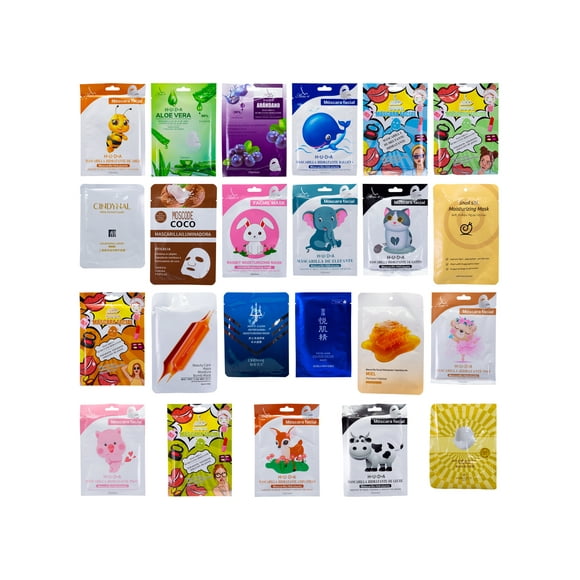 Pack de 50 Mascarillas Faciales Coreanas Kawaii de Tela Surtidas, Hidratantes y Reparadoras, 25 g por pieza.