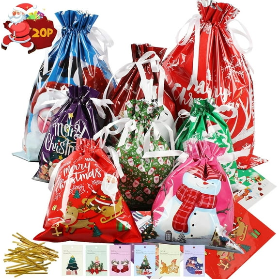 Christmas Drawstring Gift Bags with Tags & Ribbon Ties, 20Pcs Assorted Sizes , Xmas Plastic Wrapping Bags  Extra for Christmas Holiday Birthday Party-Large/Big/Medium/Small Sizes