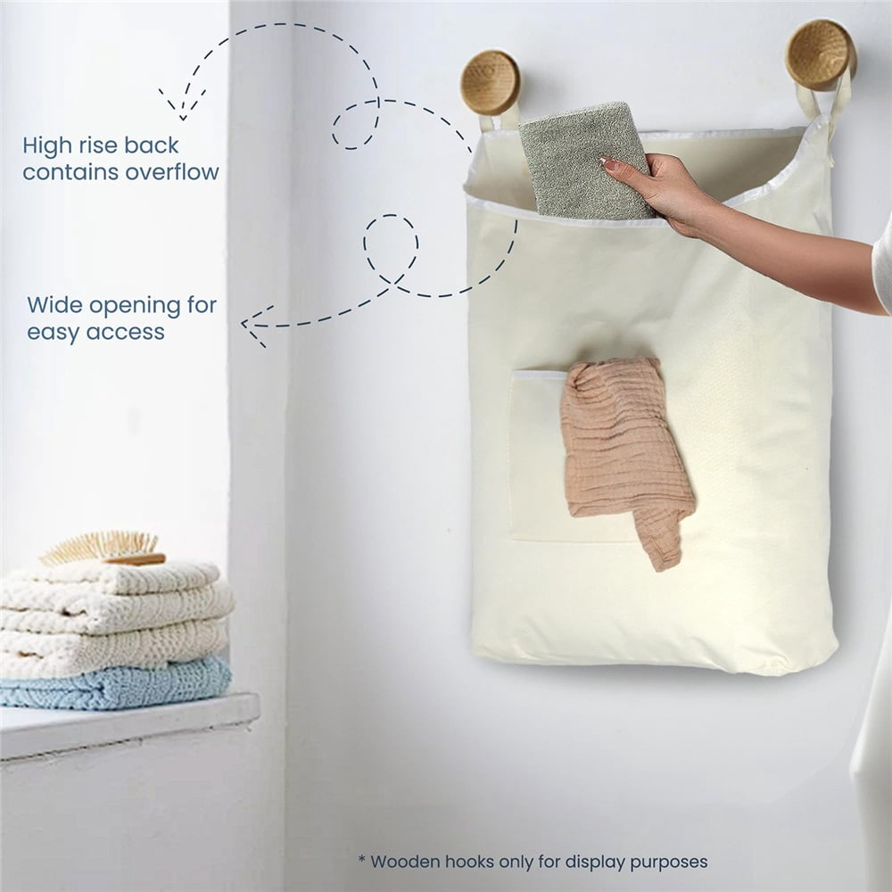 Household Essentials Hanging Canvas Laundry Hamper Bag,Durable Space Saving Laundry Bag with Zipper and Wide Open Top, Beige, 71*45cm