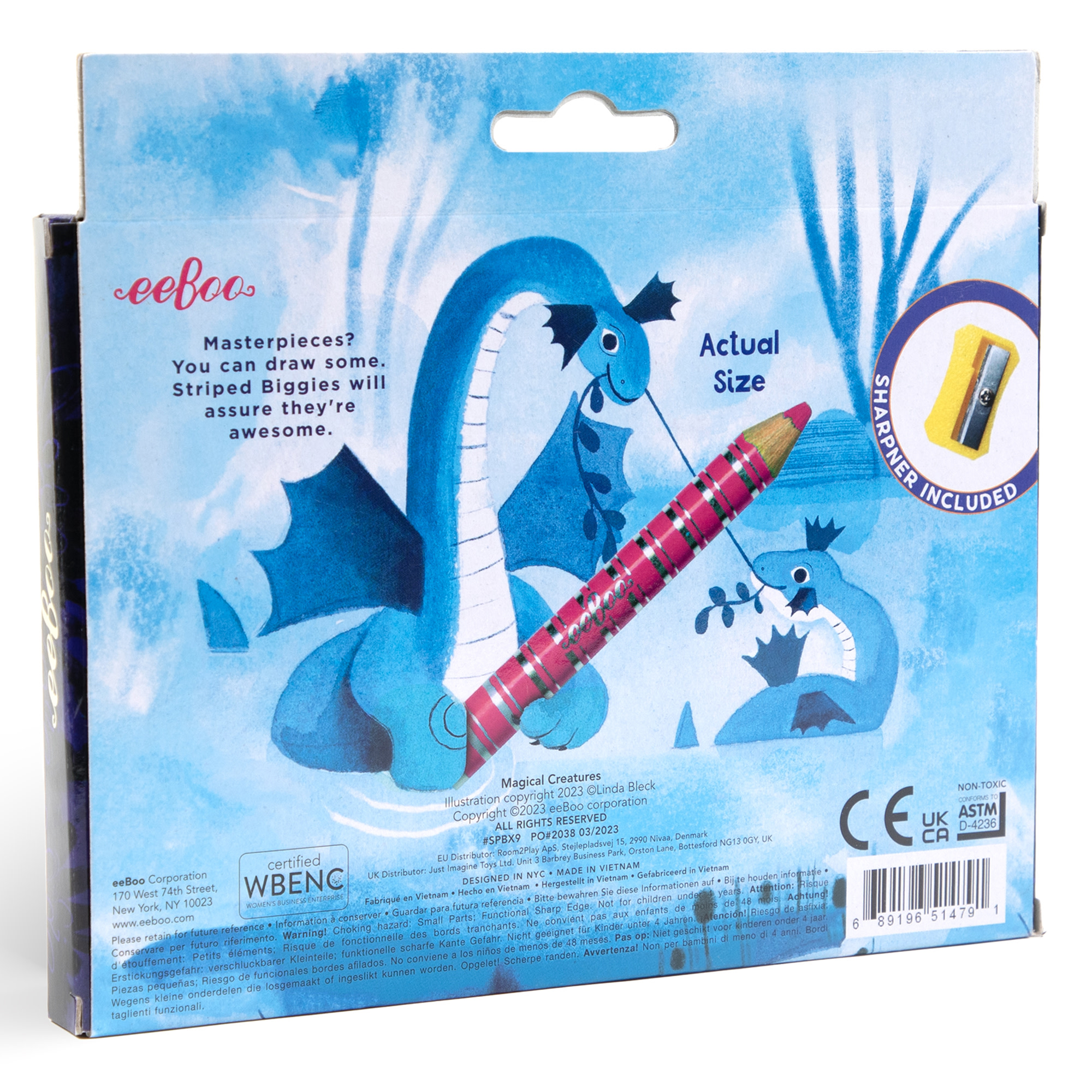 eeBoo: Striped Biggies 12 Color Pencils: Magical Creatures - 12pc Set w/ 6 Fluorescent & 6 Metallic Colors, Includes Sharpener, Art Supplies, Kids Ages 4+