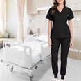 thumbnail image 1 of Uniformes de trabajo de enfermera para mujer, pantalón para trotar, parte superior y pantalones, cómodo, resistente al encogimiento, tela suave, , negro, SG Yinane Uniformes de trabajo, 1 of 8
