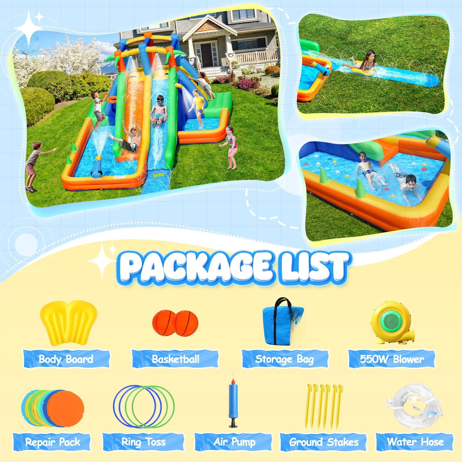Inflatable Lawn Water Slide Park with Extend Splash Slide and Basketball Hoop