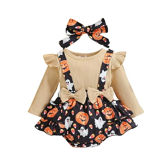 PINQI Birthday Outfits Set for Baby Girls Halloween New Baby Long Sleeve Pumpkin Bodysuit with Hairband Crawl Suit for 0-24 Months(Black,3-6 Months)