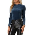 thumbnail image 4 of INSPIRE CHIC Women's Mock Neck Long Sleeve Ribbed Knit Velvet Blouse XS Navy Blue, 4 of 5