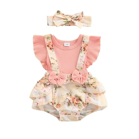 

Newborn Baby Girl Summer Clothes Floral Romper Dress Onesie Ruffle Sleeve Suspender Romper Outfits with Headband