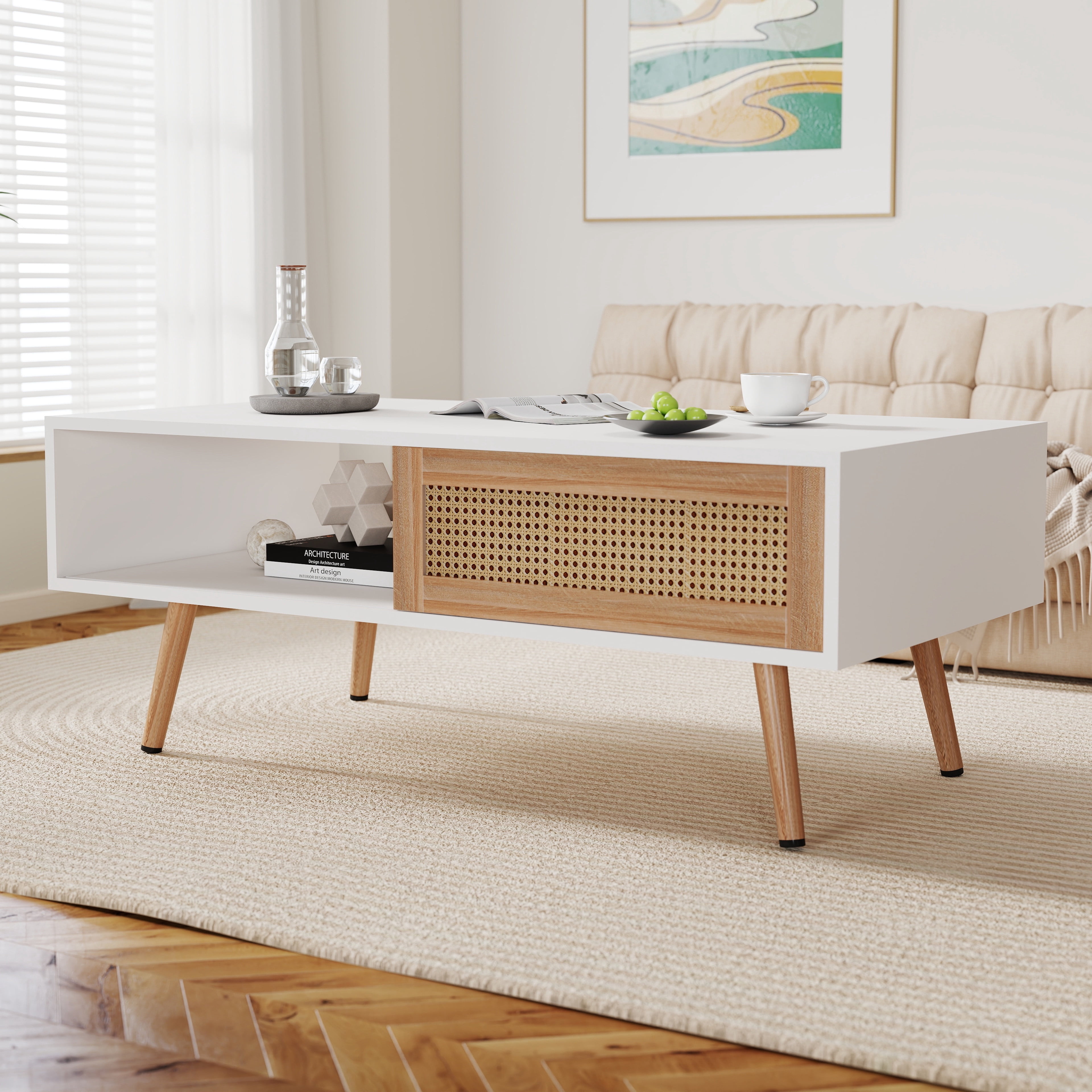 PAPROOS Rattan Coffee Table with Sliding Storage Door, Solid Wood Legs - Ideal for Living Rooms, White