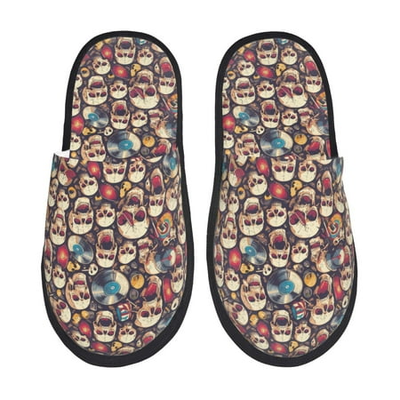Balery rock record music Skull Slient Indoor Furry Fleece Comfort House Shoes Soft Non-Slip Home Shoes Cotton slippers House Slippers-- Large