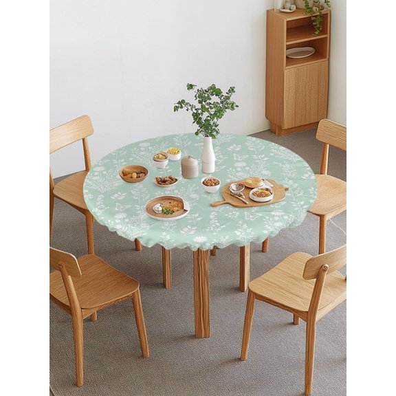 Spring Wildflower Round Fitted Tablecloth with Elastic Edge, Rustic Grasses Leaf Butterfly Counry Soft Green Waterproof Stretch Table Covers for 36"-44" Tables Wipeable Table Cloth for Outdoor
