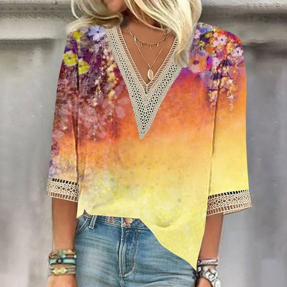 Orange Women's Short Sleeve T-shirt, Women'S V Neck Lace Edge Gradient Print Loose Seven Quarter Sleeve T Shirt,Women's Short sleeve T-shirt XL