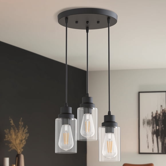YANSUN 3-Light Pendant Light,Hanging Light Fixture with Clear Glass Shade, Mini Pendant Lighting for Kitchen Dining Room E26 Base, Black