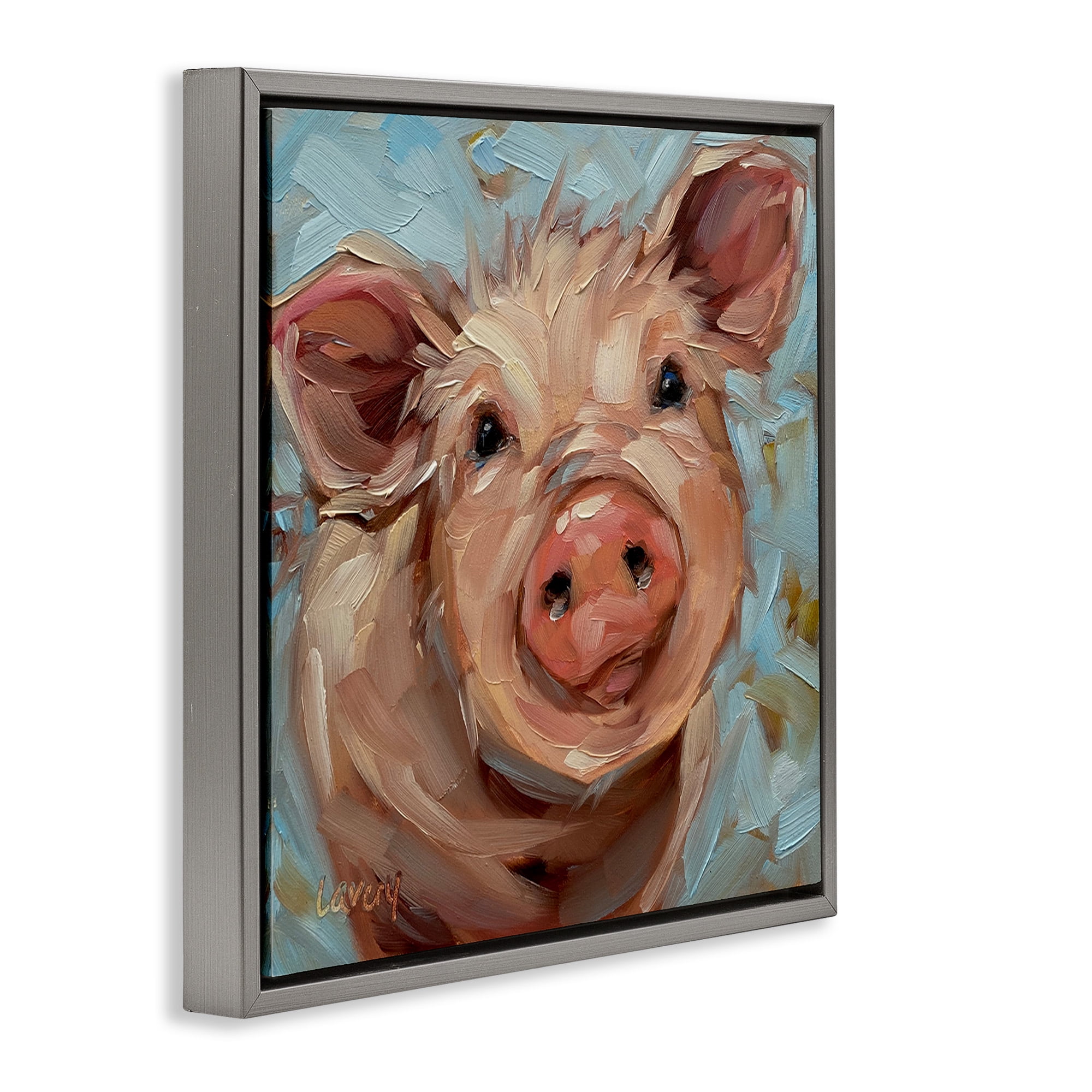 Stupell Industries Modern Pig Portrait Farm Animal Animals & Insects Painting Gray Floater Framed Canvas Art Print Wall Art, 18 x 18