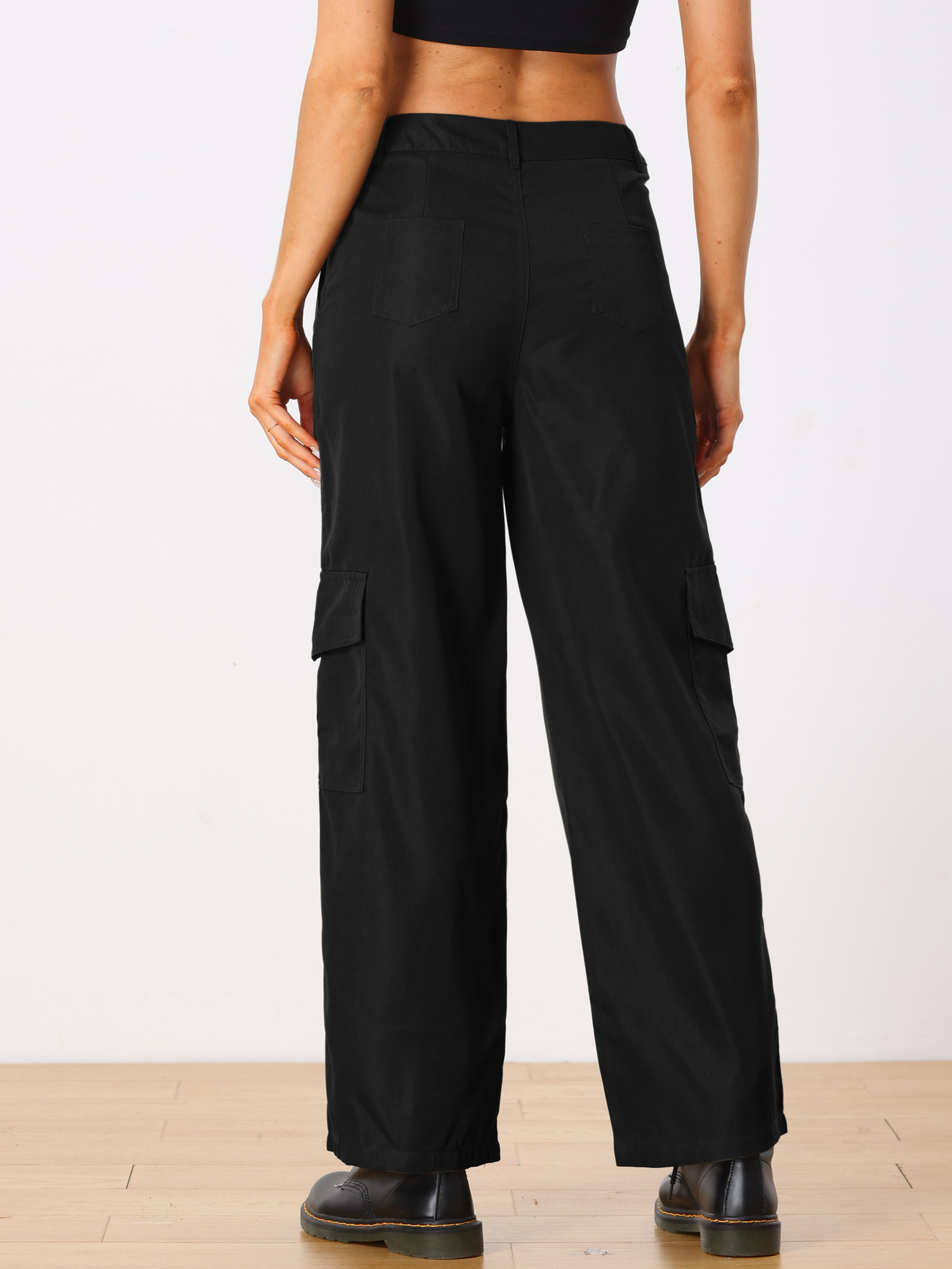 DARING DIVA Women's Cargo High Waisted Baggy Wide Leg Pockets Pants XS Black
