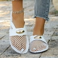 thumbnail image 2 of Rokment Womens Metallic Buckles Dressy Mules Backless Sandals Fashion Casual Leopard Leather Fishnet Mesh Patchwork Closed Toe Flat Slip on Summer Shoes White Size 9, 2 of 6