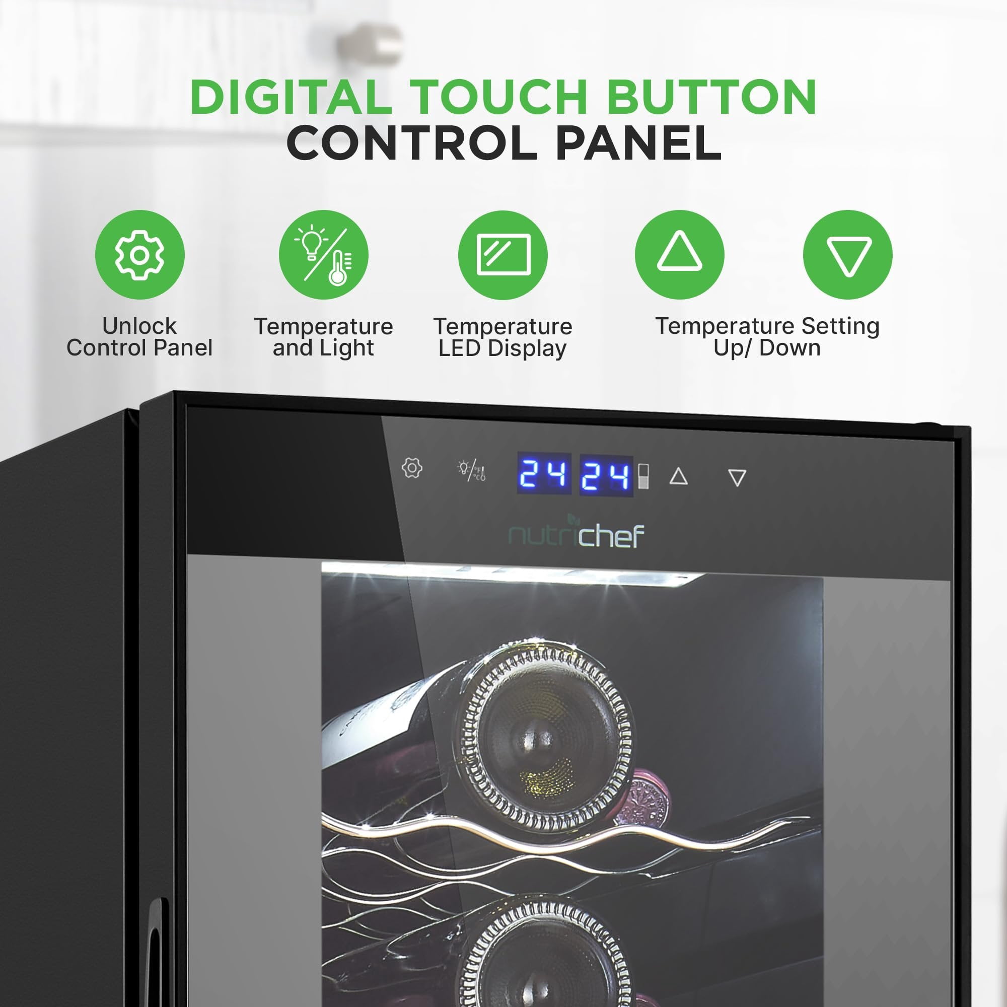 NutriChef PKCWCDS275 Chilling Refrigerator Cellar-Dual-Zone Wine Cooler/Chiller, Digital Touch Button Control with Air Tight Seal, Contains Placement for Standing 27 Bottle Storage Capacity, Black