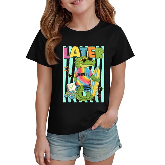 Grblisyd Shirts for Girls Kids Crewneck Later Funny Alligator School T-Shirts Summer Short Sleeve Tops 7-8 Years