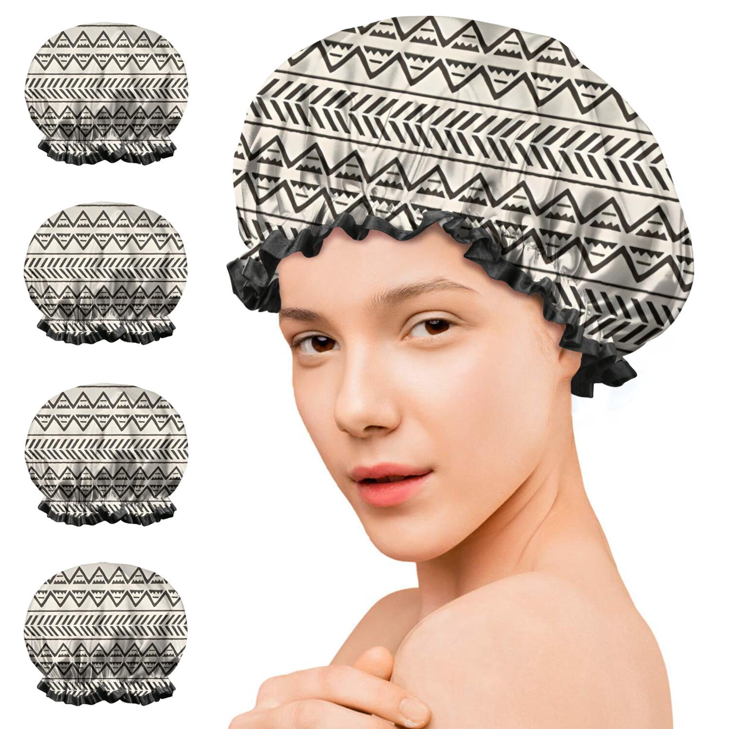 Shower Caps,White Geometric Triangle Chevron Pattern Waterproof Shower Cap for Women 4 Pieces,Double Reusable Hair Cover for Shower PEVA Elastic Stretch Hem
