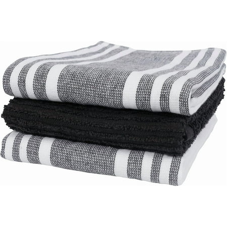 KAF Home Set of 3 Merritt Stripe Dual Purpose Terry Kitchen Towels 18" x 28" Black