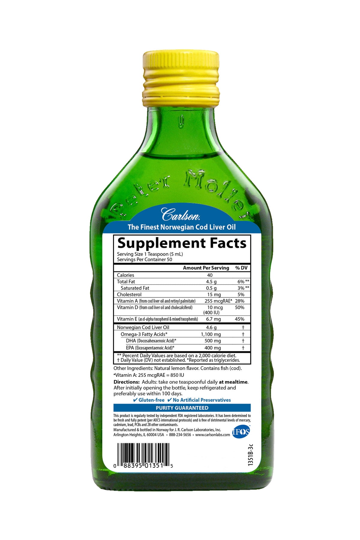 Carlson Wild Norwegian Cod Liver Oil + Vitamin A & D3 Liquid, 1100 mg Omega-3, Lemon, 8.4 Fl Oz.