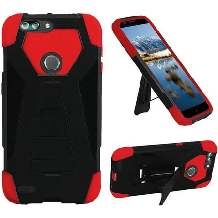 Kick Rod - Phone Case For ZTE Blade Z Max, ZTE ZMax Pro 2 , ZTE Sequoia, Hybrid Cover Case with Kickstand + Tempered Glass Screen Protector (Red)