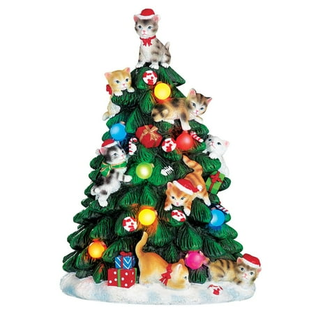 Christmas Tree Figurine Set - Color Changing Lighted Cat Christmas Tree Figurine