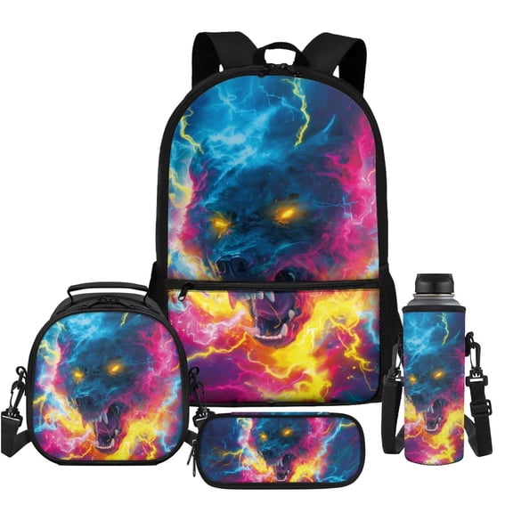 Uorisanigo Galaxy Wolf Backpack for School 4 in 1 Set, Large Capacity Back to School Bag Insulated Lunch Box Pencil Bag Water Bottle Sleeve Gift for Girls Boys Teens