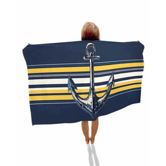 Nautical Anchor Beach Towels Oversized Super Absorbent, Navy Blue Yellow Striped Farmhouse Ombre Lightweight Bath Towel Quick Dry Sets For Bathroom/Pool/Rv Camping/Beach Play/Gym Room/Picnic 31"x62"